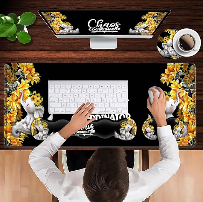 Desk Mouse Pad Office Large Mousepad Extended XXL (31.5x11.8in) Anime Cartoon Cute Baby Elephants with Sunflowers Gaming Mouse Mat Rubber Base Stiched Edges + Memory Foam Keyboard Wrist Rest