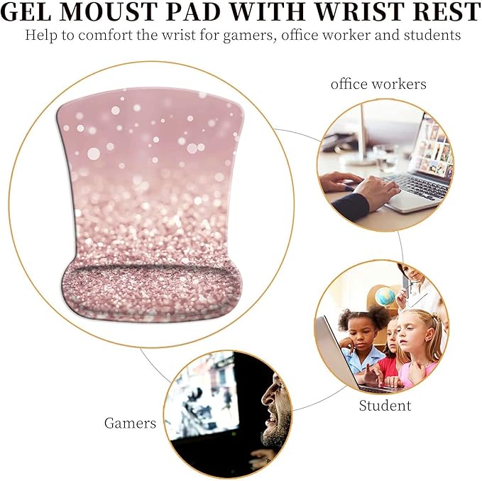 Ergonomic Mouse Pad Wrist Support Gel and Keyboard Wrist Rest Set Pink Glitter Design for Laptop Mac Gaming and Office Durable Comfortable and Pain Relief + Coaster