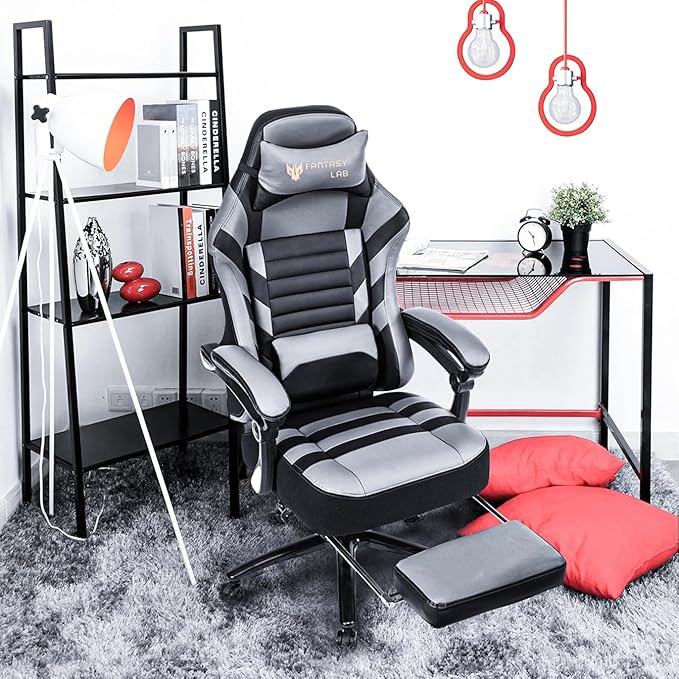 Gaming Chair with Foot Rest Ergonomic High Back Computer Chair with Massage Lumbar Support Swivel PU Video Racing Office Height Adjustable Height for Office Bedroom (Grey)
