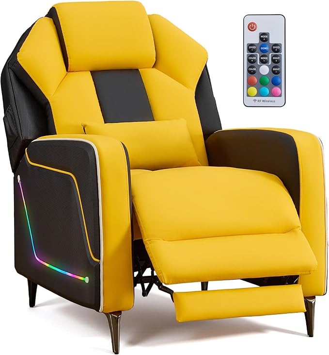 SAMERY Gaming Recliner Chair Push-Back Reclining Gaming Chair with Extended Footrest LED Light Pockets Lumbar Pillow Modern Ergonomic Recliner Sofa for Game Room Living Room (Yellow Recliner)