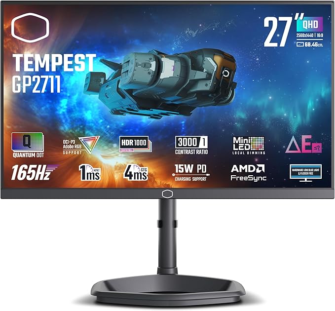 Cooler Master Tempest GP2711 27” 2K 165Hz Mini LED VA Quantum Dot QHD 2560 x 1440 PC Monitor HDR1000 4ms (GtG)|1ms (MPRT) DCR FreeSync Premium DP1.4 * 1 HDMI2.0 * 2 USB C*1 KVM