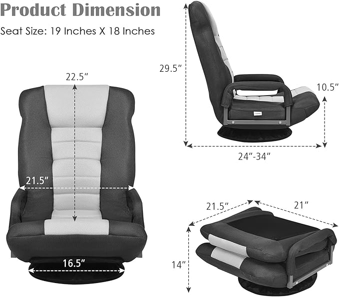 ERGOMASTER 360 Degree Swivel Video Gaming Floor Chair w/Armrests Adjustable 6-Position Folding Floor Chair Padded Backrest for Game Reading (Grey/Black)
