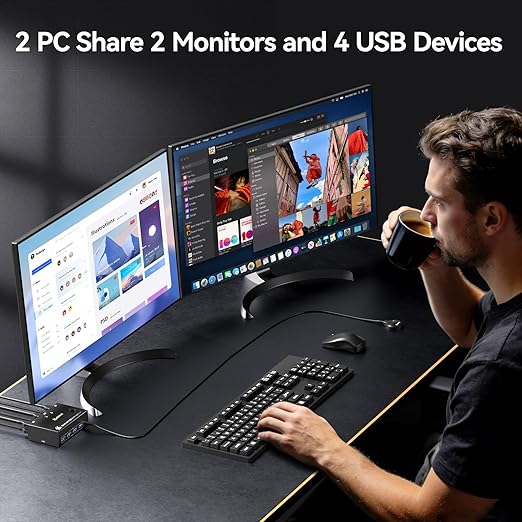8K Displayport KVM Switch 2 Monitors 2 Computers 8K@30Hz 4K@144HzMLEEDA Dual Monitor KVM Switches with 4 USB 3.0 Ports for Keyboard Mouse USB PeripheralsWired Remote and 2 USB Cables Included