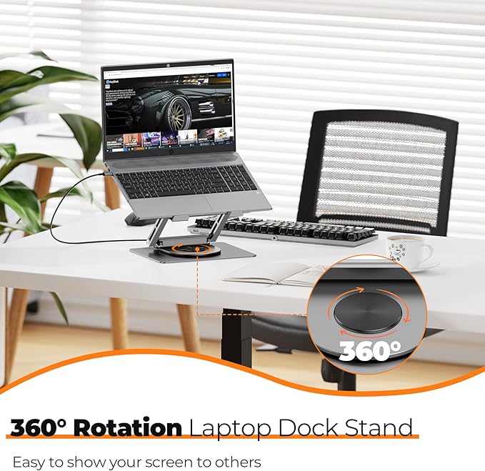 Tobenone Laptop Docking Station Stand for MacBook Pro/Air/Dell/HP/Surface/Lenovo Mac Docking Station with 4K HDMI USB 3.0 RJ45 PD 3.0 USB C Laptop Stand Hub for Desk with 360 Rotating Base Grey