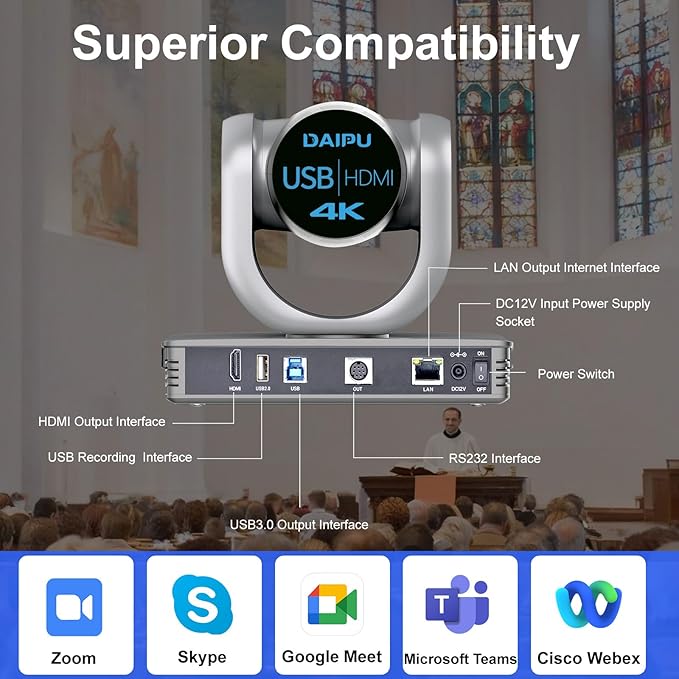 PTZ Camera 4K 12X Optical Zoom Conference Room Camera HDMI USB3.0 LAN PoE AI Auto Tracking 1/2.8 8.29MP CMOS Sensor 255 Presets for Church Worship Live Streaming Business Video Conference