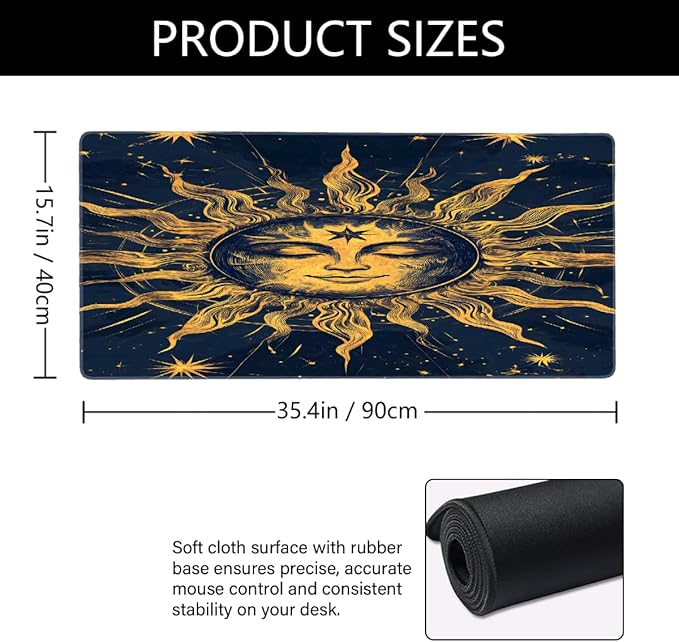 Ethnic Gold Sun Large Mouse Pad Gaming Mousepad Desk Mat for Desktop Computer Keyboard Waterproof Mouse Mat Desk Pad with Non-Slip Base for Game School Office Home 35.4 x 15.7