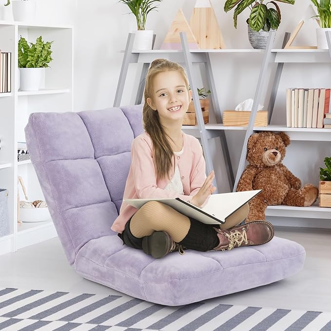 COSTWAY Floor Chair Video Gaming Chairs with Back Support Adjustable 14-Position Alloy Steel Frame Soft Coral Fleece Lazy Sofa Lounge for Reading Living Room Recliner for Adults Kids (Lavender)