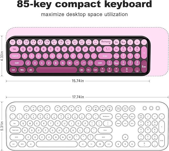 Wireless Keyboard and Mouse Combo MOWUX Compact Typewriter Retro Round Computer Keyboard Cute Optical Mouse Wireless Plug and Play for Laptop PC Computer- Black Pink Gradient