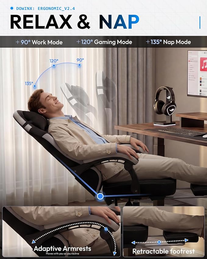 Dowinx Gaming Chair Fabric Gaming Chairs for Adults with Pocket Spring Cushions and Lumbar Support Ergonomic Massage Office Chair High Back with Footrest and Linkage Armrests Black