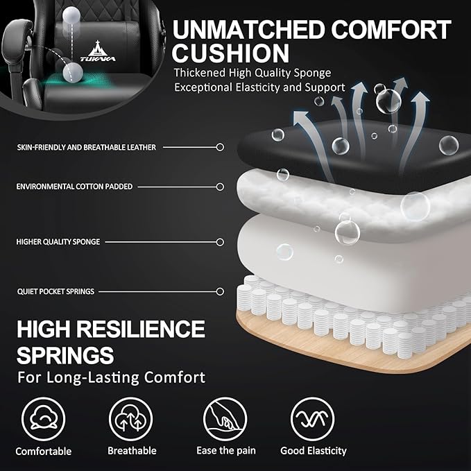 Gaming ChairErgonomic Massage Computer Office Desk Chair with FootrestPocket Spring CushionReclining Leather Adjustable Gamer Chair with Headrest and Lumbar SupportBlack