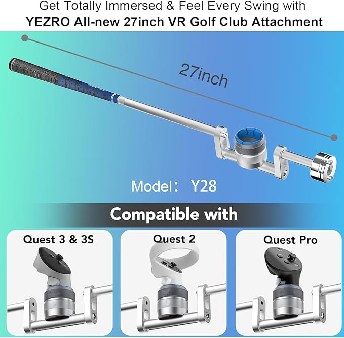 YEZRO All-New VR Golf Club Attachment for Meta Quest 3s/3/2 &amp Pro – Dual Length 27” or 19” Adjustable Weighted Handle for Realistic Swing Fits Left &amp Right Controllers