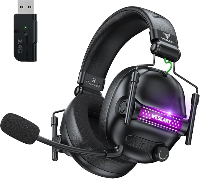 WG2 Wireless Gaming Headphone for PS5 PS4 PC Switch Mac Crystal Stereo Bluetooth Headphones Wireless Headset 2.4GHz with Lossless Audio 50 Hr Battery Cool LED