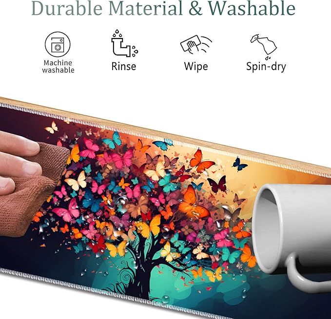 4 in 1 Mouse Pad Combo Large Gaming Mouse Pad + Keyboard Wrist Support + Mouse Wrist Rest + Coaster Table Pad 31.5 x 11.8 with Memory Foam Ergonomic Wrist Pad Set Colorful Tree Butterfly
