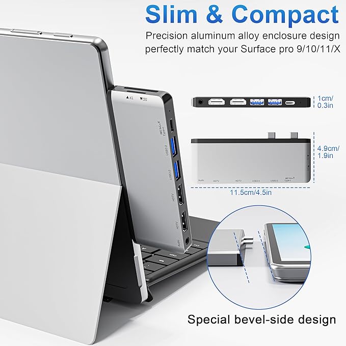 Surface Pro 9/10/11/X Docking Station Quad Display Surface pro 11 USB Hub with Dual 4K@60Hz HDMI USB-C (4K@60Hz Video+40Gbps Data+100W Charge) 2 USB3.0 SD/TF 3.5mm Mic for Surface Pro 11/10/9/X