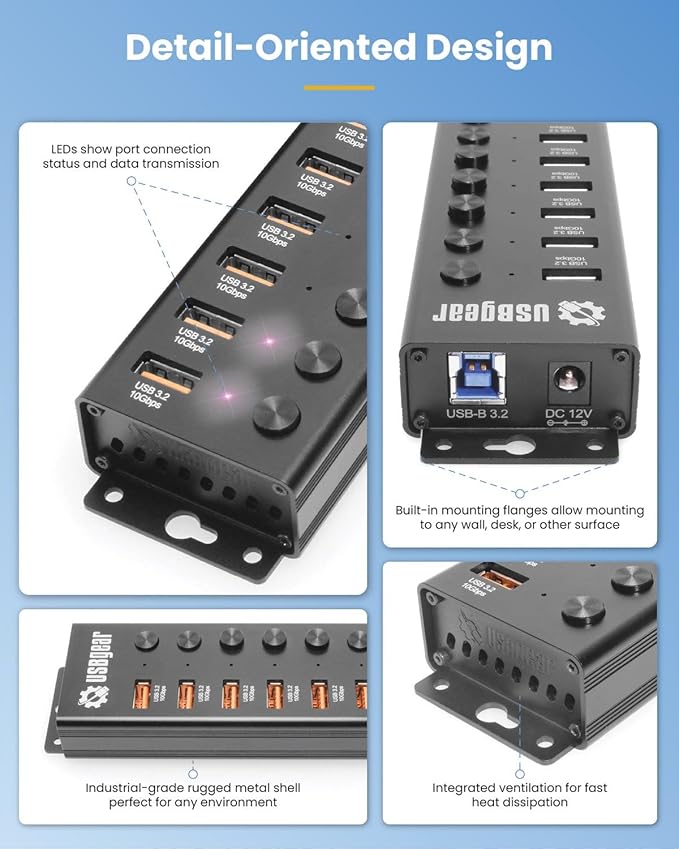 USBGear 7 Port USB Hub 3.2 Gen 2 – 10Gbps Charging Hub with Individual On/Off USB Ports for Laptop PC Desktop 12V/4A Power Adapter with Type-A to Type-B Cable (3ft) Computer Accessories