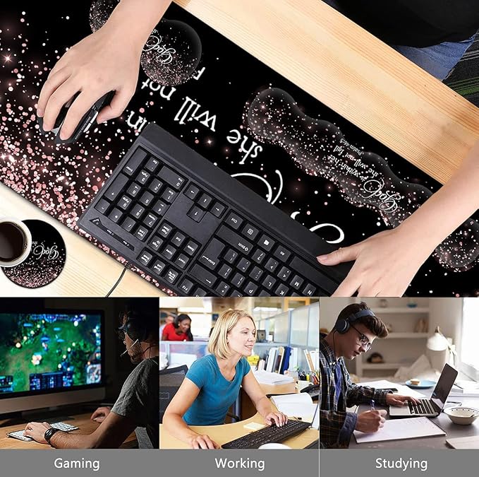 Large Mouse Pad with Wrist Support SetMemory Foam Keyboard Wrist Rest+Extended Gaming Mouse Pad+Ergonomic Mouse Wrist Rest Laptop Desk Writing Mat Psalm 46:5 Rose Gold Glitter Black Office Desk Pad