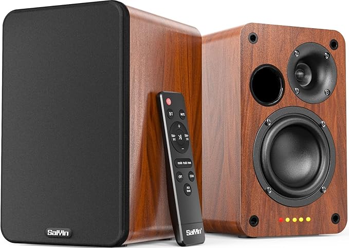Saiyin Bluetooth Bookshelf Speakers 30W X 2 Powered TV Speakers with 3.5 Inch Woofer Turntable Speakers with Optical/AUX/RCA Input for PC and TV