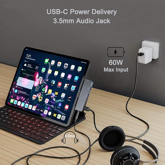 iPad Pro USB C Hub Adapter with 4K HDMI3.5mm Jack2 x USB3.0PD 60WUSB C DataSD/TF Card Slot6in1 Adapter for M4 M2 M1 iPad Pro 11 12.9 2025-2018iPad Air/Mini