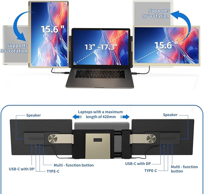 Laptop Screen Extender - 15.6'' 1080P Monitor Extender Detachable Screen Triple Monitor for Laptop 13-17.3 Compatible with Mac/Windows