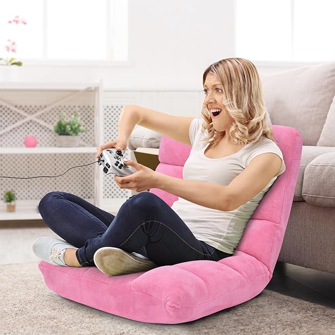 14-Position Floor Sofa Folding Gaming Sofa Chair Comfy Cushions &amp Study Steel Frame Angle Adjustable Sleeper Bed Couch Recliner (Pink)