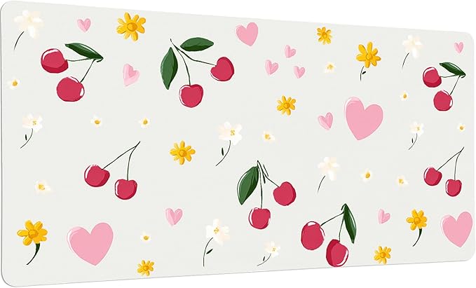Idocolors Cherry Desk Mat Cute Extended Gaming Keyboard Mouse Pad Large Office Desk Cover Mat Pad Deskmat Non-Slip Leather Home Office Desk Mat Protector 31.5×15.7