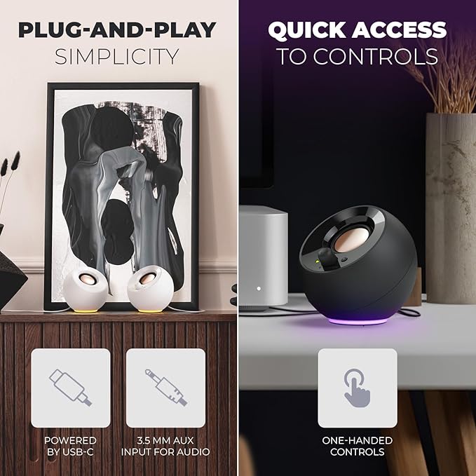 Creative Pebble SE Minimalist 2.0 USB-C Powered PC Speakers with RGB Lighting 3.5 mm AUX-in Up to 4.4W RMS Power for Computers and Laptops (White)