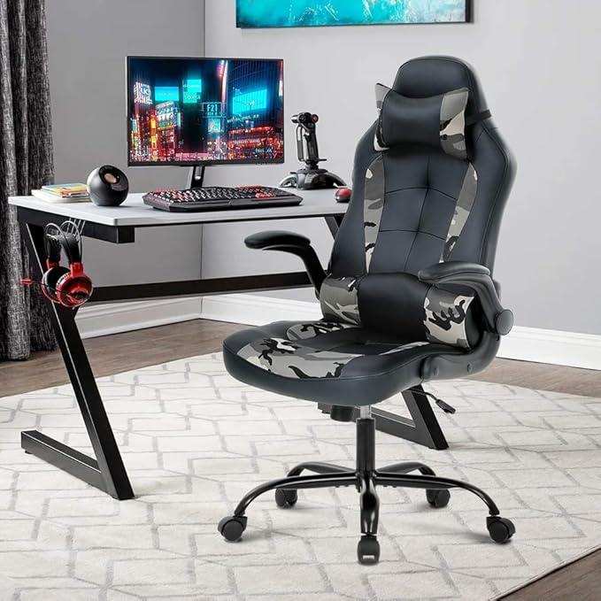 Gaming Chair High Back Home Office Chair Ergonomic PC Racing Chairs with Flip-up Arms PU Leather Computer Chairs Adjustable Height Swivel Executive Black &amp Camo
