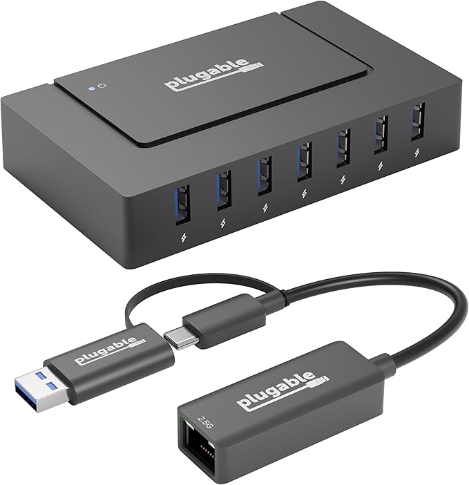 2.5G Ethernet &amp USB Expansion Bundle: Plugable USB-C to 2.5Gbps Ethernet Adapter + 7-Port USB Hub with 60W Power Adapter | USB-C/USB-A Fast LAN High-Speed Data macOS/Windows/Linux