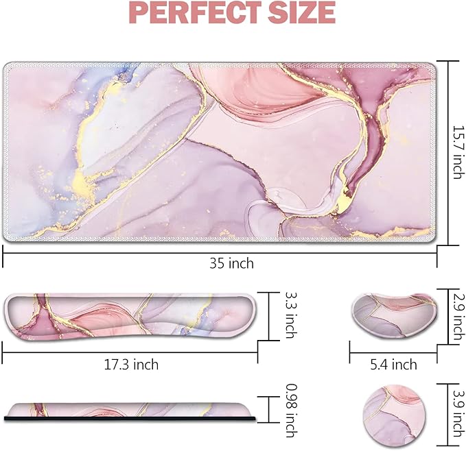 AIMSA Large Gaming Mouse Pad Set Keyboard Wrist Rest Support Mouse Pad Ergonomic Memory Foam Multifunctional Extended Desk Mat 35x15.7in Anti-Slip Rubber Base for Office Home Pink Purple Marble