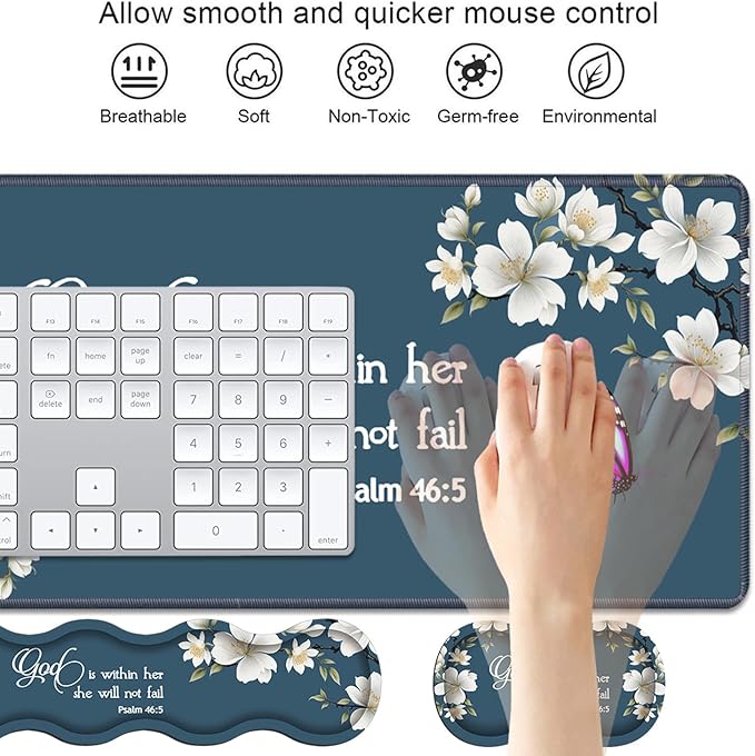 4 in 1 Ergonomic Keyboard Wrist Rest &amp Mouse Pad Wrist Rest SetLarge XXL Gaming Desk Mat 31.5x 11.8 with Non-Slip BaseMemory Foam for Home Office Study GamingFloral Quote Bible Verse Psalm 46