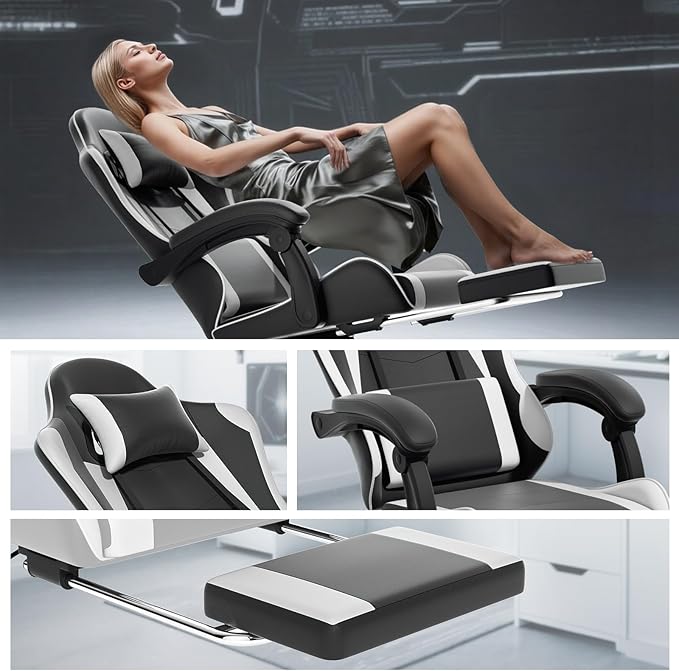 Athena Collection Gaming Chair Ergonomic Gaming Chair with Footrest &amp Headrest Lumbar Support Height Adjustable Swivel Computer Chair Office Chair for Kids Adults(White)