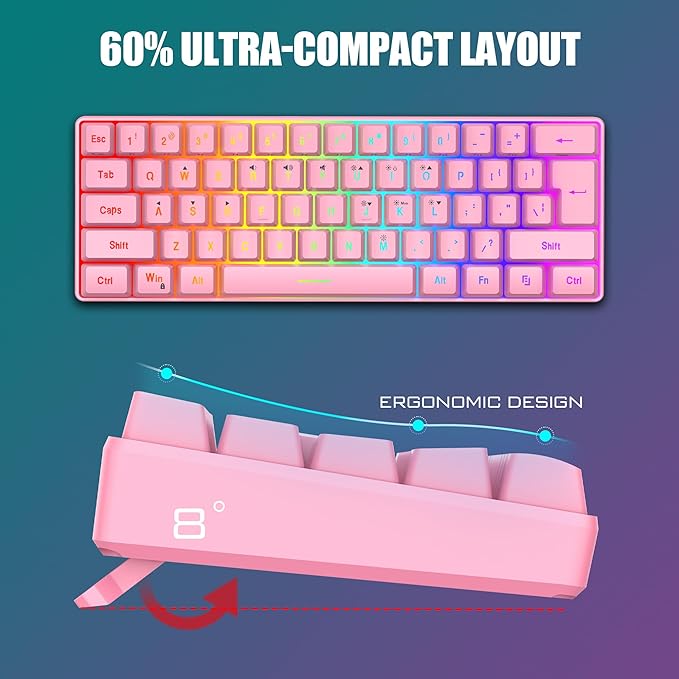 RedThunder 60% Gaming Keyboard and Mouse Combo Ultra-Compact 61 Keys RGB Backlit Mini Keyboard Lightweight 7200 DPI Honeycomb Optical Mouse RGB Wired Gaming Set for PC MAC PS5 Xbox Gamer(Pink)