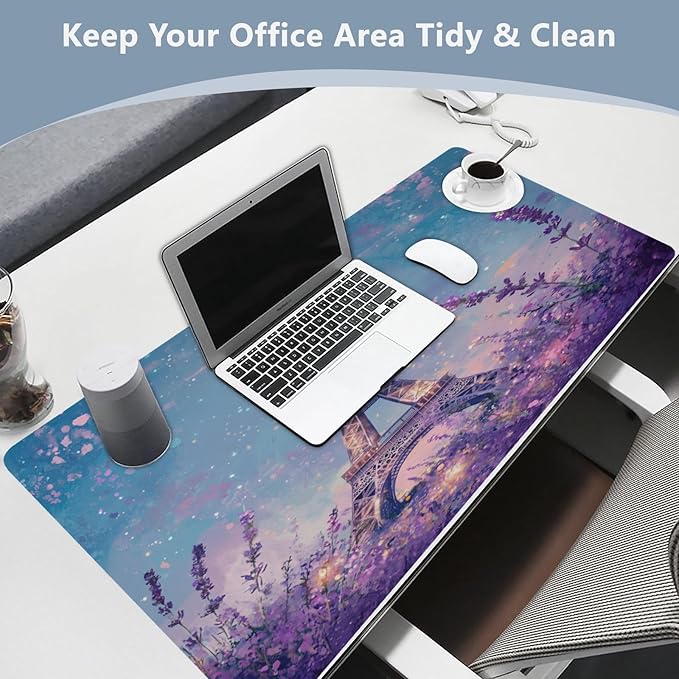 Mouse Pad Desk Mat Leather Desk Pad Large Gaming Desk Cover Protector Mat for Keyboard Computer Laptop Office Waterproof 35.4 x 16.5 Inch Lavender Eiffel Tower Purple