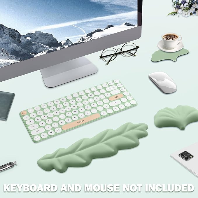 Keyboard Wrist Rest Pad Set Leaf Shape PU Leather Memory Foam Wrist Cushion SupportMouse Wrist Rest PadNon-Slip Wrist Support for Easy Typing Pain Relief Green Leaf