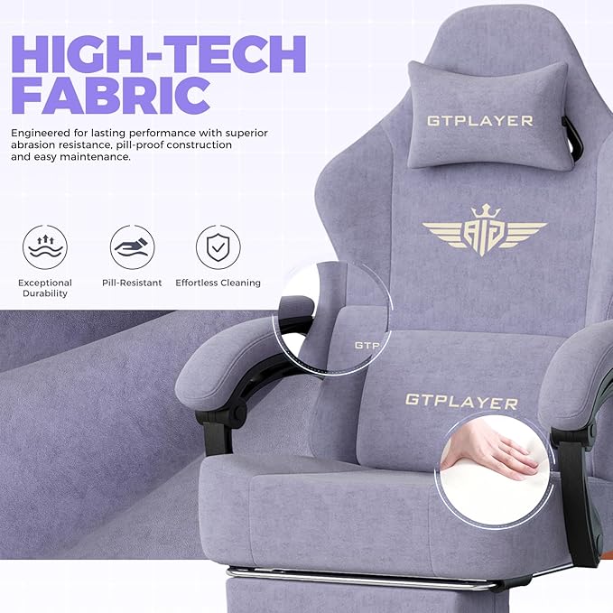 GTPLAYER Gaming Chair with Pocket Spring Cushion High Back Ergonomic Computer Chair with Footrest for Adults Lumbar Support Swivel Game Chair for Office Gaming 350LBS Fabric Macaron Purple