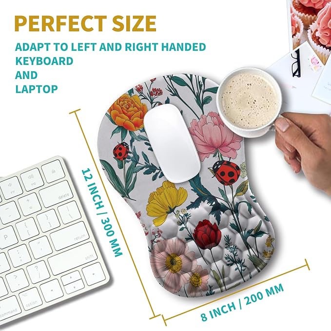 Hokafenle Ergonomic Mouse Pad Wrist Support Wrist Rest Mousepad for Carpal Tunnel Pain Relief with Integrated Memory Foam Slope Massage Bulge (11.8x7.9 inchFlowers and Ladybugs