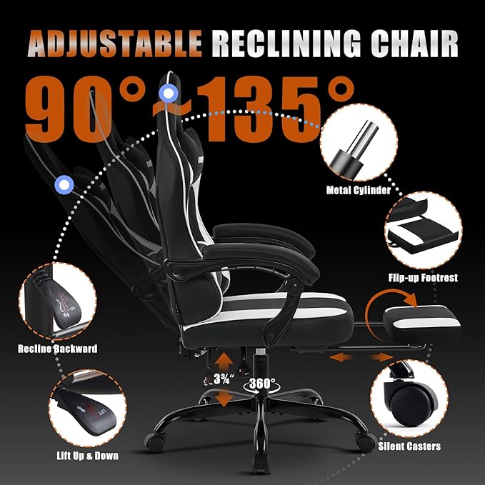 Gaming Chair with Footrest Reclining Video Game Chairs for Adults with Lumbar Support Linkage Armrests Ergonomic Computer Chair for Gaming or Office PU Black-White