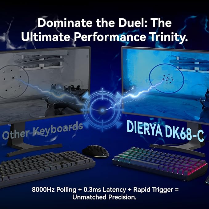 DIERYA DK68-C 60% Gaming HE Keyboard Magnetic Switch Hot Swappable Rapid Trigger Adjustable Actuation 8000Hz Polling Rate RGB Backlit Compact 68 Keys for Windows PC Wired Black