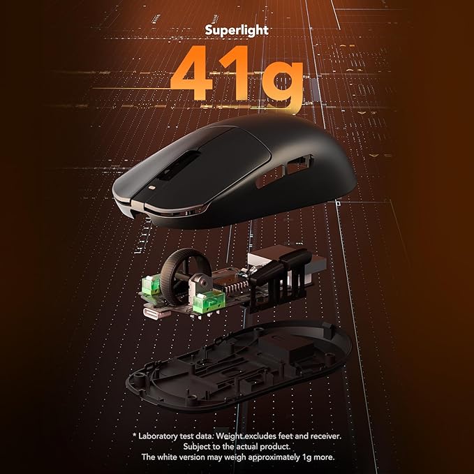 KYSONA Mercury Wireless Gaming Mouse41g Ultalight PAW3395 Sensor 8K Polling Rate26000 DPI5 Programmable Buttons Optical Mice for PC/MAC/LaptopBlack