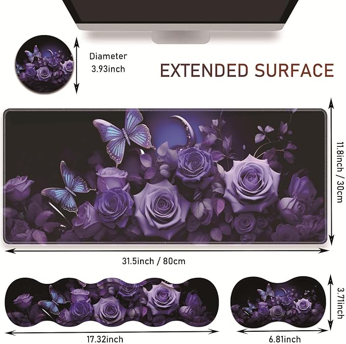 Large Gaming Table Pad 31.5 x 11.8 + Keyboard Wrist Pad + Mouse Wrist Pad + Coaster Non-Slip Base 4-in-1 Set Ergonomic Memory Foam Easy Typing Pain Relief Purple Roses and Butterflies