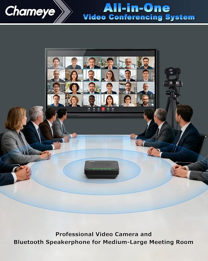 Chameye 4K Video Conference Room Camera AI Auto Tracking PTZ Camera 4K 20X Zoom LAN HDMI USB3.0 PTZ Cam and Bluetooth Conference Speaker&ampMicrophone Bundle for Large Remote Meeting CB201 Black