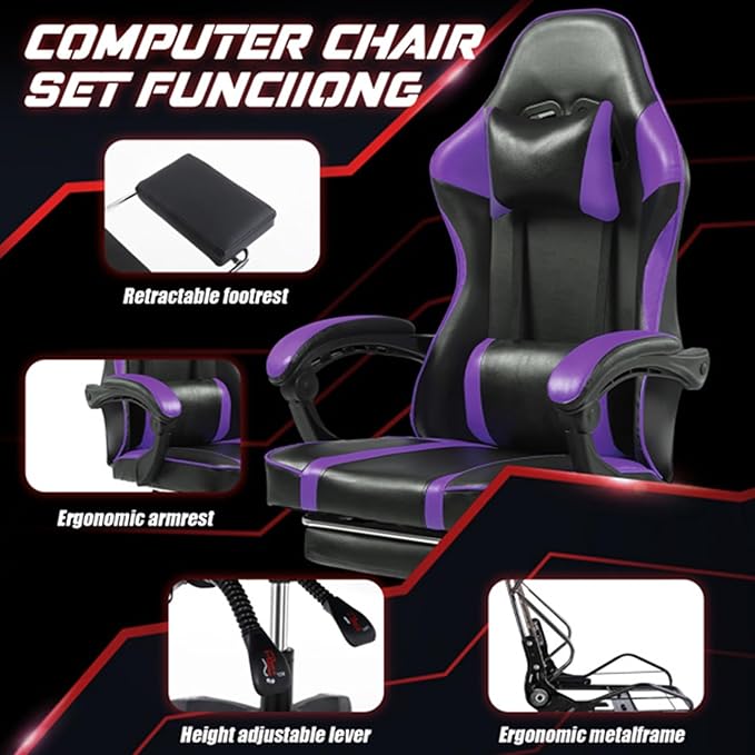 Gaming Chair Ergonomic Office Chair with Linkage Armrests High Back Computer Desk Chair with Retractable Footrest &amp Adjustable Headrest 350 lbs Capacity (Purple)
