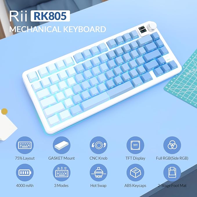 Rii RK805 Wireless Gasket Mechanical Keyboard with TFT Screen and Knob75% Creamy Gaming Keyboard with RGB BacklightTri-Mode BT/2.4G/USB-CHot Swappablefor Windows/Mac/Linux(Blue Gradient)