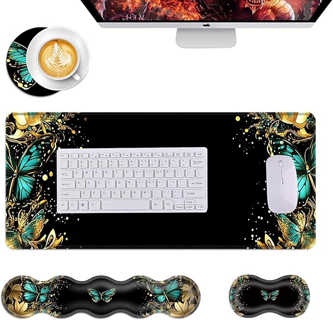 Mouse PadLarge Desk Mat Set 4in1 XL Mousepad + Keyboard Wrist Rest+Mouse Wrist Rest+Coaster with Ergonomic Desk Pad for Home Office Table Computer Cover -Golden Turquoise Butterfly