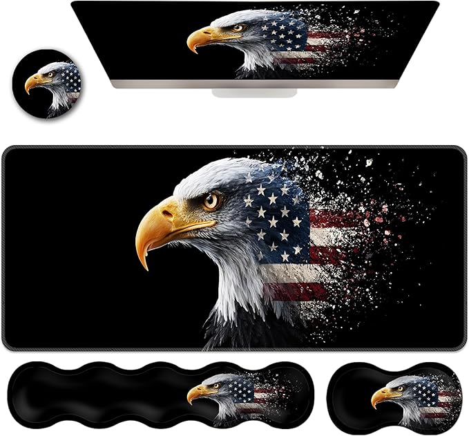 Ergonomic Keyboard Wrist Rest &amp Mouse Pad Wrist Rest SetXL Gaming Desk Mat 31.5x 11.8Non-Slip BaseMemory FoamEasy Typing Pain Relief for Office &amp HomeEagle American Flag