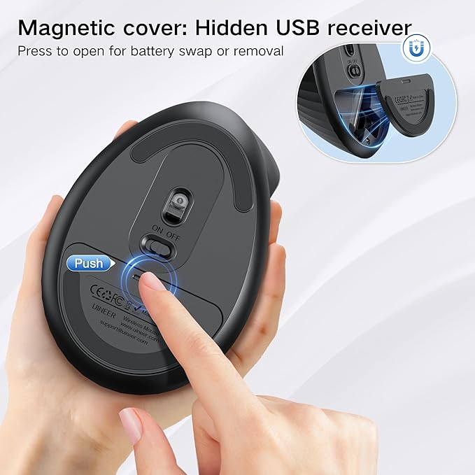 Uineer Vertical Mouse 2.4GHz Ergonomic Wireless Mouse 800/1200/1600/2400 Adjustable Dpi 6 Buttons Battery Powered Mouse for Laptop PC Mac Comfort and Reduced Wrist Strain (Black)