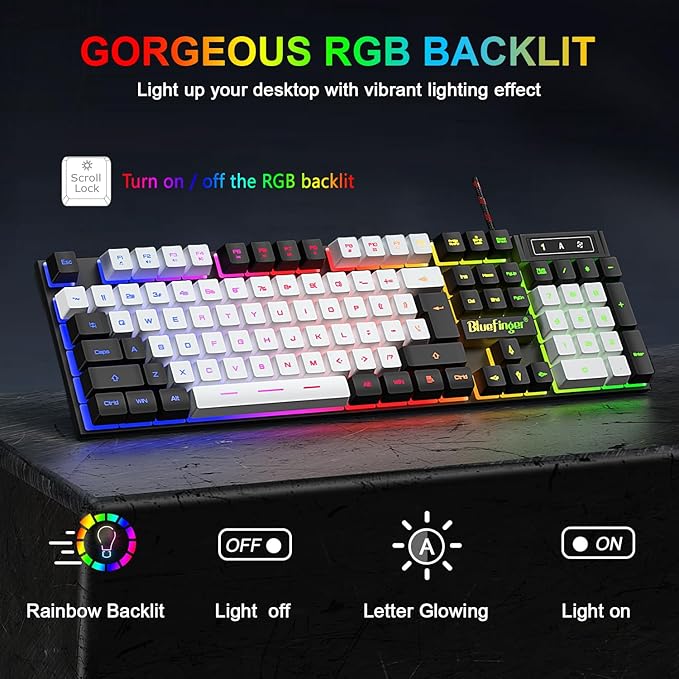 BlueFinger RGB Gaming Keyboard and Backlit Mouse Combo USB Wired LED Gaming Set for Laptop PC Computer Game and Work (Black &amp White)