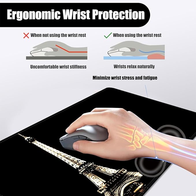 Mouse PadLarge Desk Mat Set 4in1 XL Mousepad + Keyboard Wrist Rest+Mouse Wrist Rest+Coaster with Ergonomic Desk Pad for Home Office Table Computer Cover -Eiffel Tower at Night