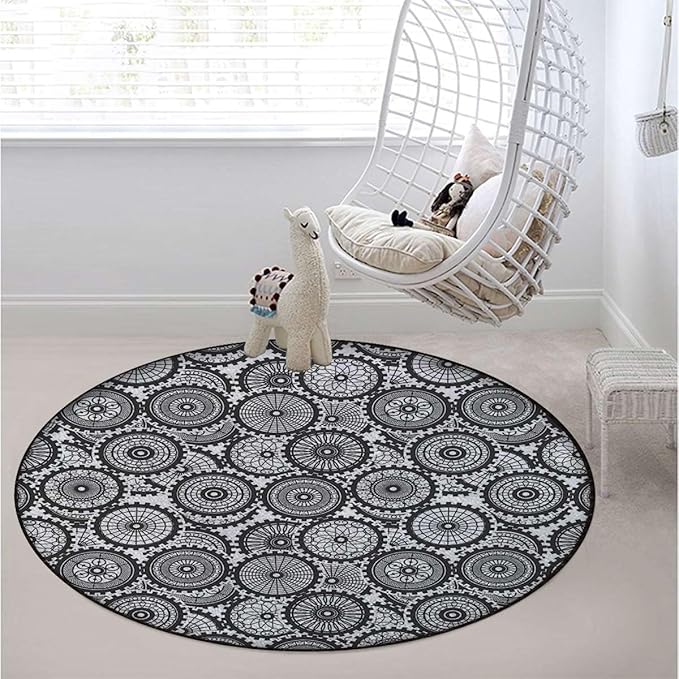 Lilac Black Gray Round Rug Contemporary Modern Boxes Easy Cleaning for Home OfficeLiving RoomBedroomKitchen Non Shedding Area Rug Round Shape Leaves Balls Floral Diameter 55 in