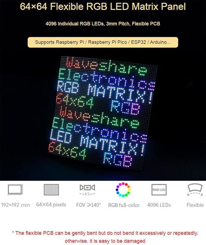 Flexible RGB Full Color LED Matrix Panel 64x64 Pixels 4096 Individual RGB LEDs3mm PitchAdjustable Brightness and Bendable PCB Compatible with Raspberry Pi/Raspberry Pi Pico / ESP32 / Ardu